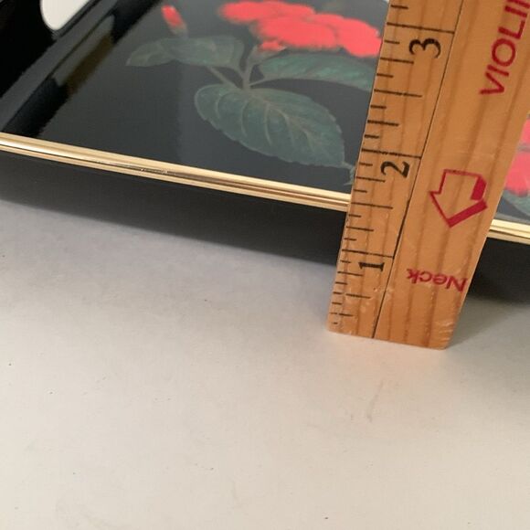Vintage Black Lacquerware Style Hummingbird Red Hibiscus Plastic Serving Tray - Picture 9 of 9